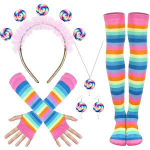 Lollipop Costume Women's Set, Candy Costume for Carnival with Hairband, Earrings, Necklace, Gloves and Overknees