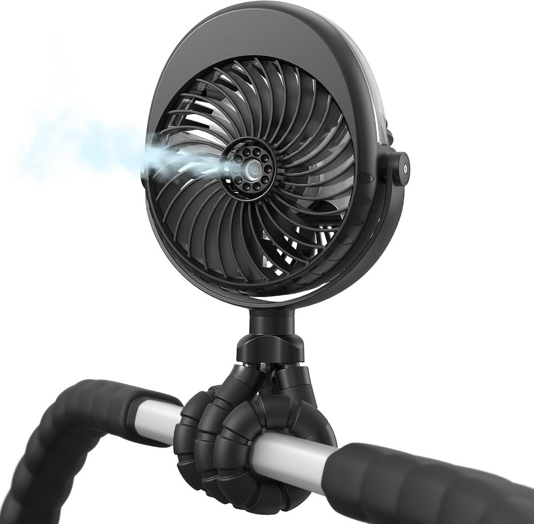 Stroller Fan with Mist, 4000mAh Portable Misting Fan with 360 Pivot, 3 Speed Adjustable, 15H Long Lasting Cooling Fan for Stroller, Outdoor, Car Seat, Crib, Baby Disney Travel Beach Essentials