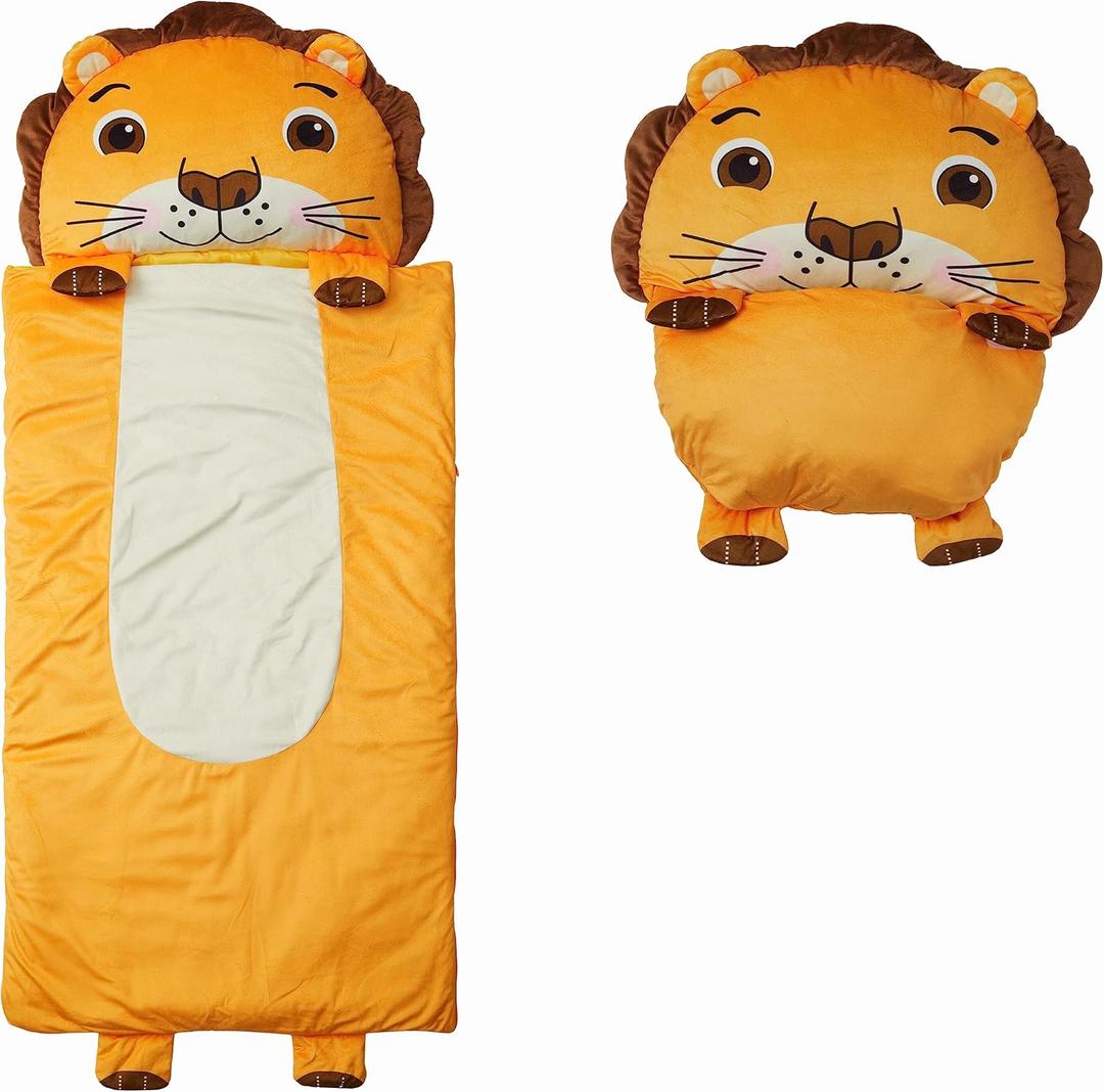 Kid's Nap Buddies Character Preschool Nap Mat, Toddler Sleeping Bag with Pillow for Daycare, Ages 3+ (Lion)