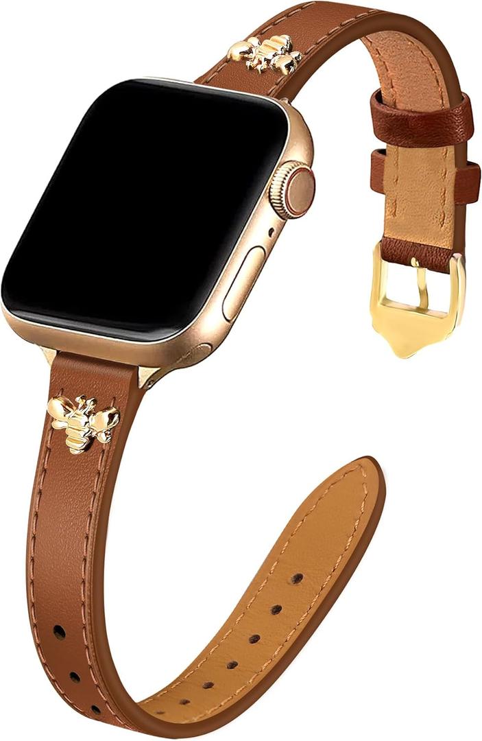 JR.DM Slim Leather Bands Compatible with Apple Watch Band 38mm 40mm 41mm 42mm 44mm 45mm 46mm 49mm, Top Genuine Leather Band with Charms, Feminine Design for Iwatch Ultra SE Series 10 9 8 7 6 5 4 3 2 1 (A Brown & Gold with Bee) JR.DM Slim Leather Bands Compatible with Apple Watch Band 38mm 40mm 41mm 42mm 44mm 45mm 46mm 49mm, Top Genuine Leather Band with Charms, Feminine Design for Iwatch Ultra SE Series 10 9 8 7 6 5 4 3 2 1 (A Brown & Gold with Bee)