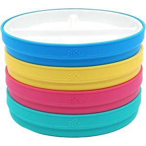 Elk and Friends Kids 7.8 Porcelain White Plates with Silicone Sleeves | Divided Plates | Suitable for Kids/Toddlers | Microwave & Dishwasher Safe | Non Slip | Snack Dishes (Pink/Teal/Blue/Yellow)