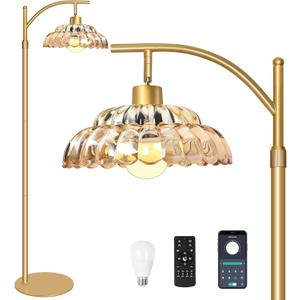 Floor Lamp with Amber Glass Shade, Dimmable Standing Lamp with Remote, Gold Floor Lamp for Living Room,Bedroom, Mid Century Tall Lamp with 12W LED Bulb