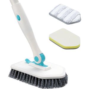 nacena Shower Scrubber with Long Handle, 4 in 1 Tile Tub Scrubber Brush with 3 Detachable Cleaning Shower Heads and Floor Squeegee Shower Cleaner Brush for Bathroom Kitchen Tub Sink Floor, Blue White
