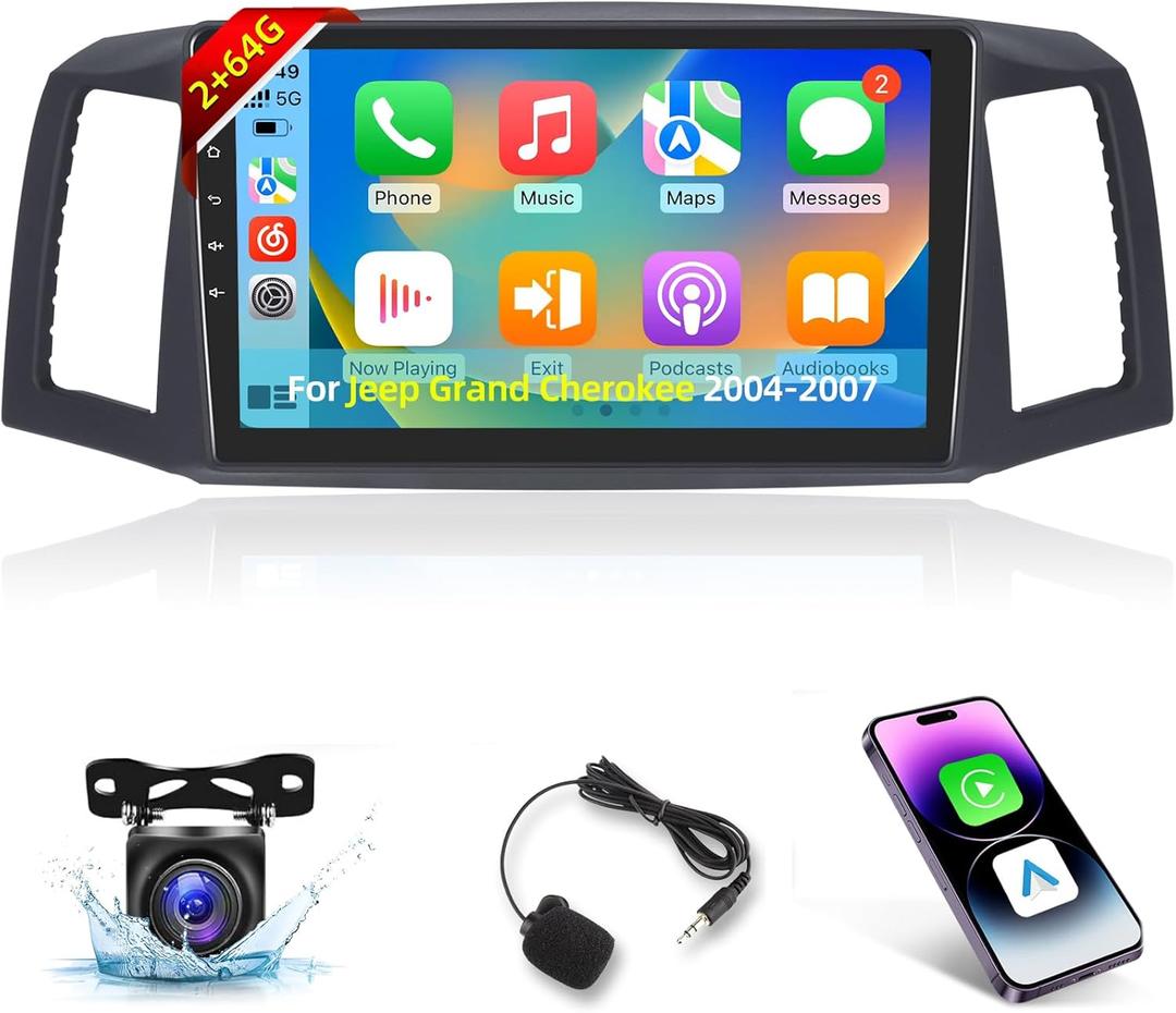 2+64G Android 13 Car Stereo for Jeep Grand Cherokee 2004-2007 - 10.1 Inch HD IPS Touch Screen Radio - Wireless Carplay & Android Auto/DSP/WiFi/GPS/Mirror Link + AHD Rear View Camera & Micron