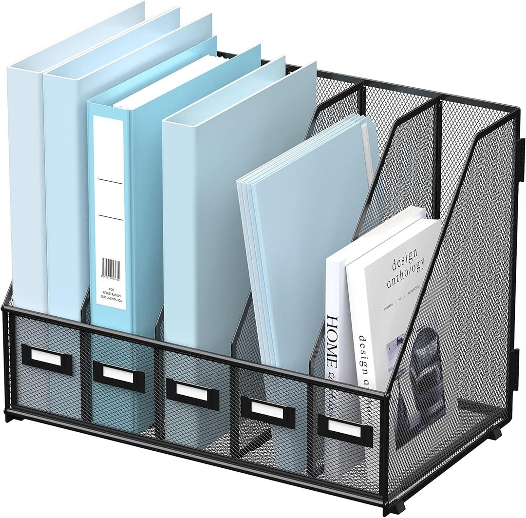 SUPEASY Desk Organizers Metal Desk Magazine File Holder with 5 Vertical Compartments Rack File Organizer for Office Desktop, Classroom, Home Workspace, Black (Small)