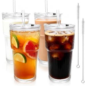 GGOLDMER 4 Pack Glass Tumblers with Lids and Straws, 20oz Iced Coffee Cups with Lids Reusable for Juices, Smoothies, Cocktail, Beer, Tea and Latte - Ribbed Design & Thick Glass