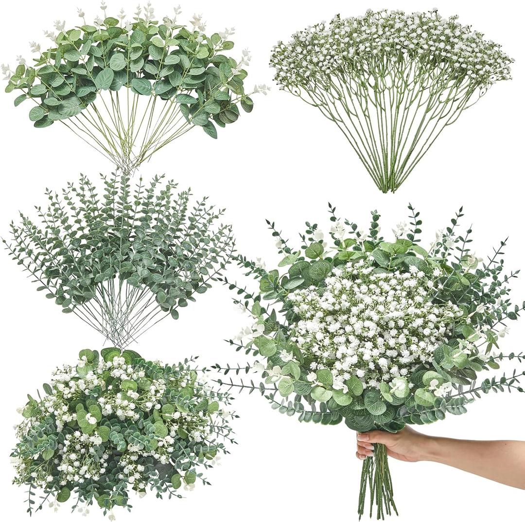 Serwalin 100 Pcs Mixed Artificial Eucalyptus Stems,Babys Breath Artificial Flowers Bulk with Faux Eucalyptus Leaves Greenery Stems for Wedding DIY Bouquets Floral Arrangement Home Decor