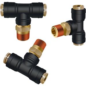 3/8" DOT Air Line Fittings Tee 3PCS, 3/8" Tube OD x 3/8" NPT Thread Tee Union PTC/PTCR & Brass Air Brake Push-To-Connect Fittings for Truck Trailers and Air Brake System