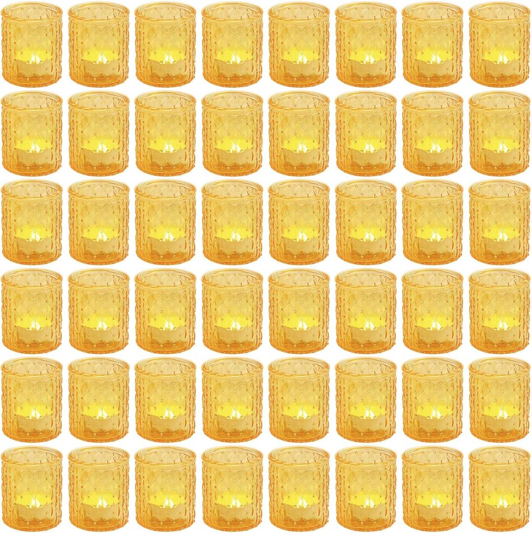 Maxdot 48 Pack Gold Glass Votive Candle Holders 2.1 x 2.6 Inch Easter Tea Light Candleholder Bulk Xmas Glass Tealight Candlestick Holders for Table Centerpiece Fireplace Home Wedding Party Decor