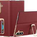 Magnetic Leather Case for Samsung Galaxy Z Fold 7 with Rotating Kickstand & Wrist Strap, Premium Vegan Leather & Full Hinge Camera Protection, All-Around Shockproof Protection Cover, Red