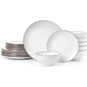 Famiware Eden Plates and Bowls Sets, Stoneware Dinnerware Sets with Gold Trim, 18 Pieces Dishes Set for 6 - Chip and Scratch Resistant, Microwave and Dishwasher Safe, White Stripe