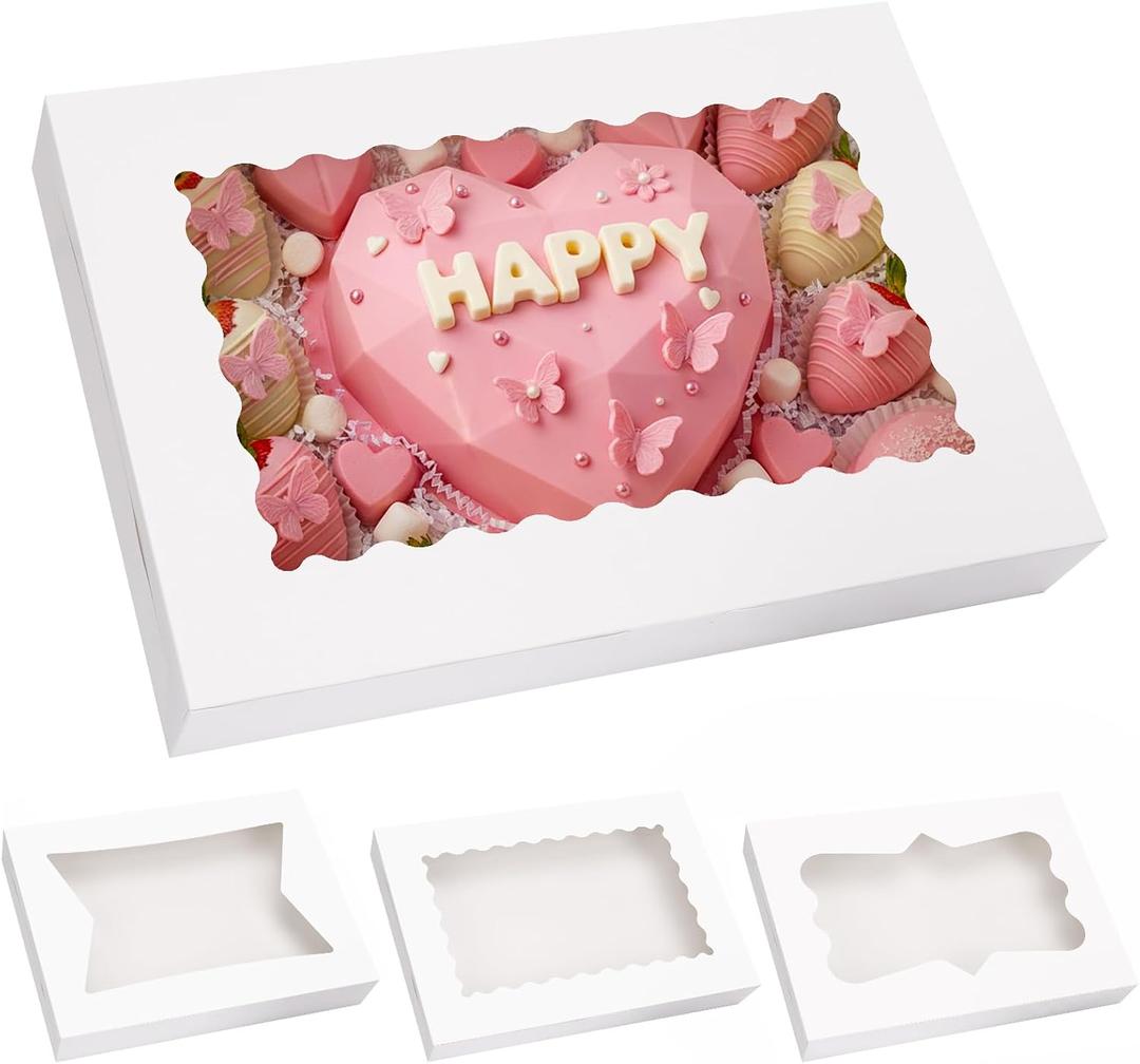 Moretoes 60pcs 16x11x2.5 Inch Cookie Boxes (Not Popup), Bakery Boxes with 3 Style Window for Pastries, Pies, Muffins, Chocolate Covered Strawberries