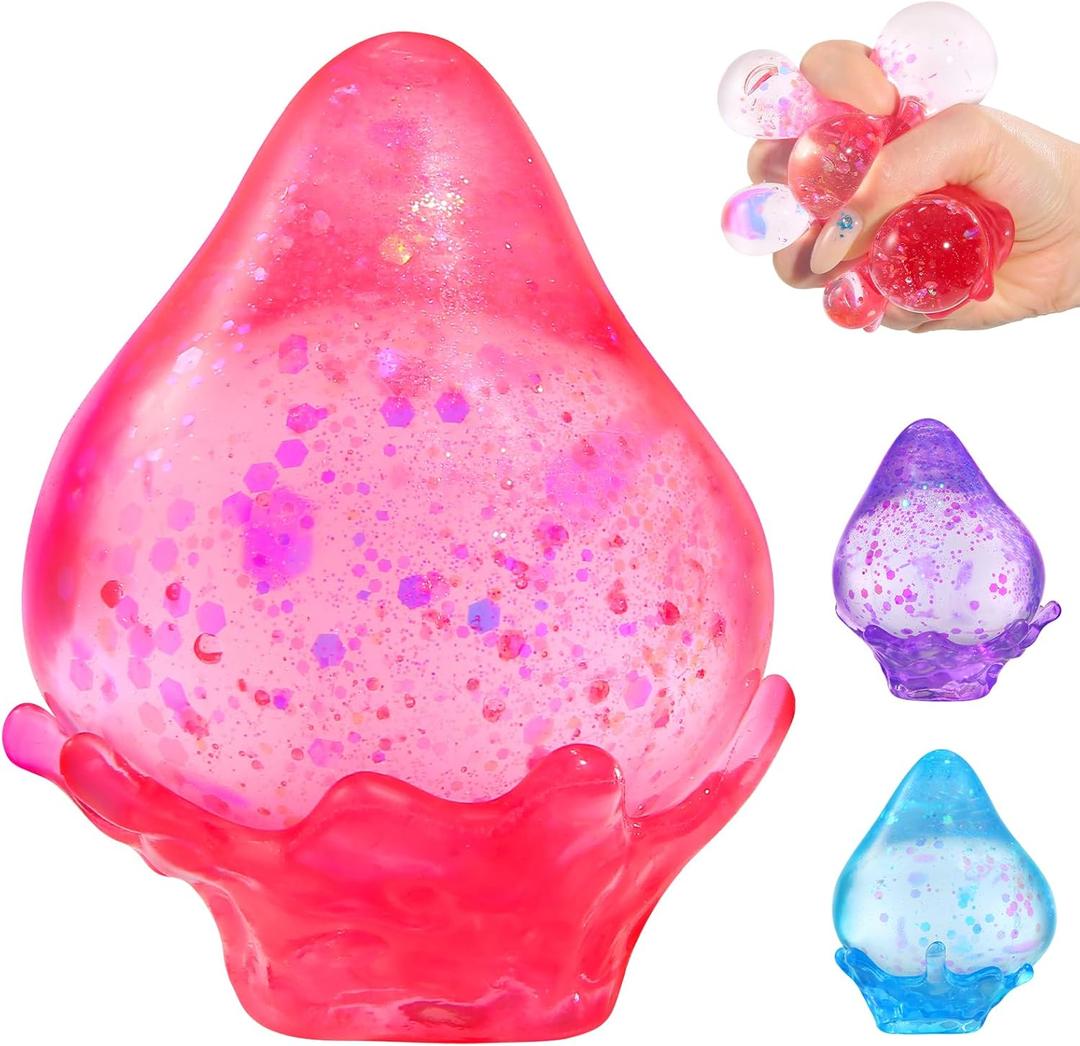 Glitter Water Drop Squishy,Malt Sugar Squishies Rain Drop,Stress Relief Fidget Squeeze Toy (Pink)
