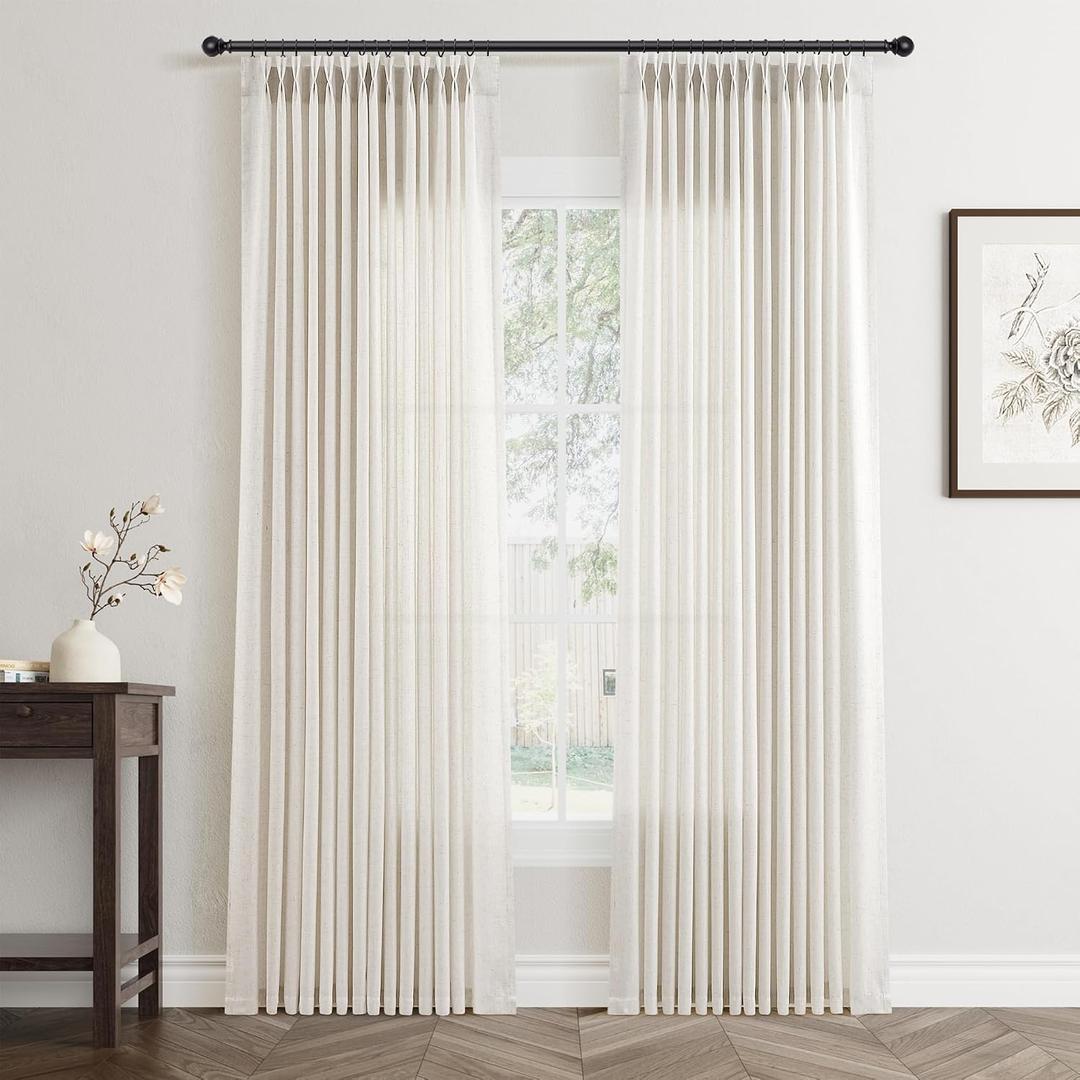 90 Inch Pinch Pleated Linen Curtains 2 Panel Set for Living Room Natural Cream Thick Linen Textured Drapes 90 Inches Long Pinch Pleat Drapes Birch Ivory Semi Sheer Curtain for Dining Bedroom Office
