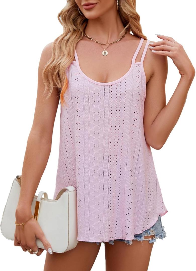 2025 Womens Tank Tops Eyelet Embroidery Sleeveless Camisole Summer Clothes Scoop Neck Flowy Shirts (Small, Pink-03)