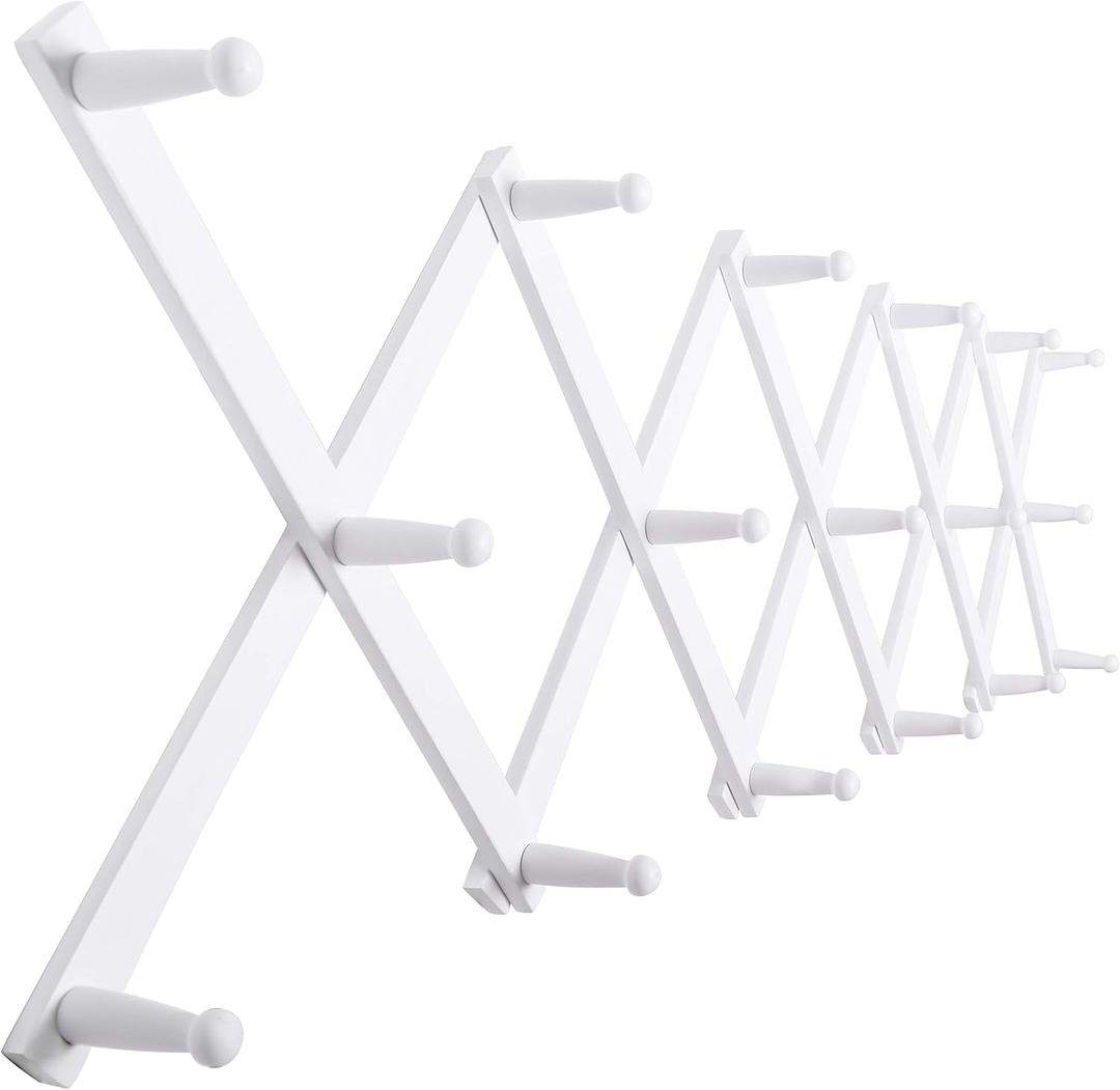 SKOLOO Hat Rack for Wall with 17 Hooks, Solid Wooden, Modern, Expandable Coat Rack Wall Mount for Coats, Hats, Bags, Baseball Caps, White