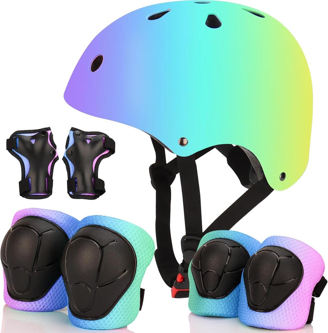 Color Gradient Adjustable Bike Helmet with Knee and Elbow Pads - Kids Toddler Boys and Girls Skateboard Helmet for Ages 3-14 | Ideal for Riding, Scooters, Inline Skating, Longboarding, Roller Skating (Purple blue yellow)