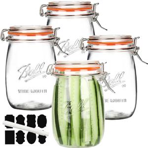 Wide Mouth Glass Jars with Airtight Lid 32OZ 4 Pack, Kitchen Storage Large Clear Canister Jars with Hinged Lid with Measurement Marks For Canning,Coffee,Flour,Sugar,Beans