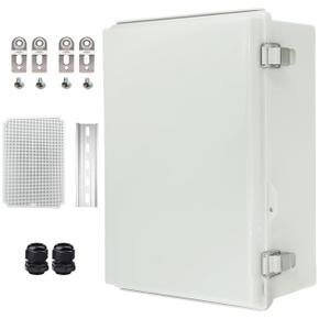 Waterproof Electrical Box with Mounting Plate, IP67 Junction Box Stainless Steel Latch Hinged Grey Cover Project Enclosure with Wall Bracket and 2 Glands 14" x 10" x 6"