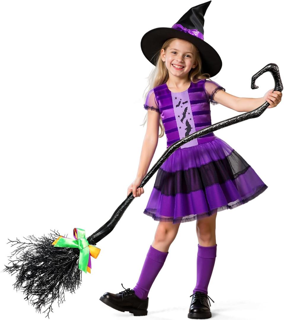 KukuFun Halloween Cute Purple Witch Costume Deluxe Set for Toddler Girls, Bat Outfit Dress with Witch Hat & Magic Broom (S(ages 3-5))