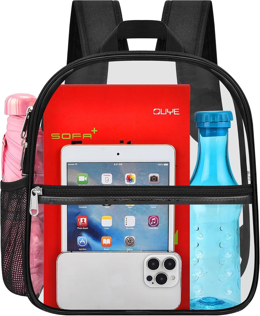 Oraben Clear Backpack Stadium Approved, Clear Bag 12 x 6 x 11 in, Small Transparent Backpack for Concerts, Sports Events, Festivals, Waterproof, Adjustable Straps, Women Men (Black)