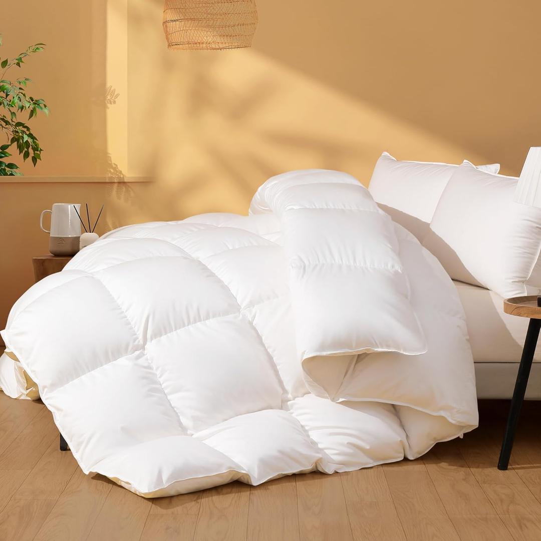 Feather Down Fiber Comforter Queen Size, Ultra Soft 100% Cotton Duvet Insert, Luxurious Hotel Collection White Bedding Comforters, All Season Medium Warmth 90 x 90 Inch. (Queen 90"x90")