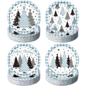 60 Pcs Blue Christmas Paper Plates 9 Inch Xmas Buffalo Plaid Gingham Tree Snowflake Disposable Plates Merry Christmas Tree Themed Tableware for Holiday Xmas Winter Party Decorations Supplies