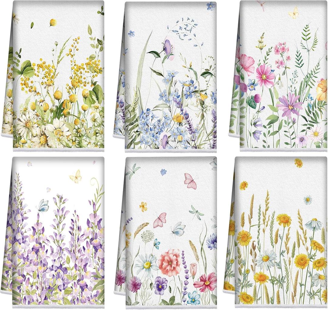 Redbaker 6 Pcs Floral Kitchen Towels Wildflower Print Dish Towels for Kitchen Absorbent Flower Butterfly Hand Decorative Set for Spring Holiday Bathroom Housewarming Gift(Classic Color,Flower)