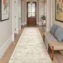 Washable Runner Rug, 2'6" x 8' Non-Slip Kitchen Vintage Foldable Hallway Runners for Entryway, Laundry, Bedroom, Beige