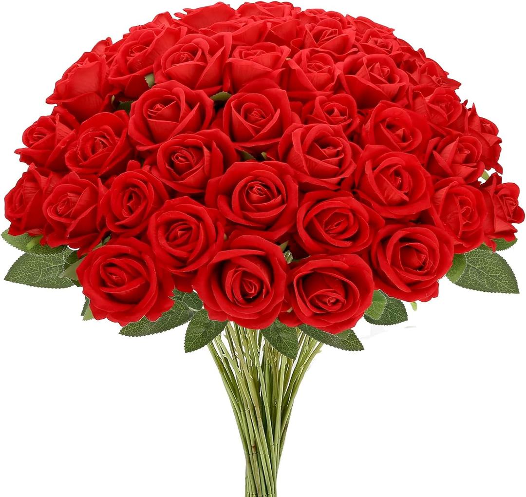MERIXMAS Roses Artificial Flowers, Fake Velvet Silk Roses in Bulk for Home Decor Indoor, Fake Roses Realistic Flowers with Stems for Wedding Centerpiece Party Decor (24, Red)