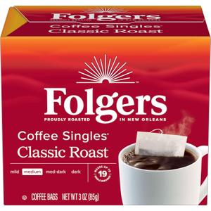 Folgers Coffee Singles Classic Roast Medium Roast Coffee, 19 Count (Pack of 1), BBD 29JAN2027
