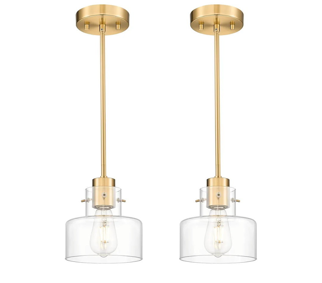 2 Pack Pendant Lights Kitchen Island, Brushed Gold Pendant Light Fixtures Over Island with Clear Glass Shade, 6" Modern Brass Kitchen Island Lighting for Dining Room Entryway, PL124-BG-G-2PK