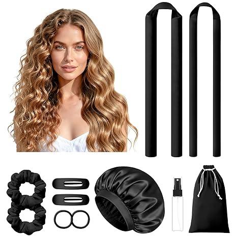 LitBear Heatless Curls Overnight, 2 Sizes of Soft Hair Rollers for Women with Bonnet to Sleep In, No Heat Hair Curlers Set with Scrunchies and Clips, for Long and Medium Hair (Black)