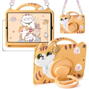 for iPad 9.7 Inch Case for iPad 6th/5th Generation case for Air 1/2 Screen Protector Pencil Holder Shoulder Strap Kickstand Cute Silicone Proof Full Body Protective Tablet Cover for Kids Cat