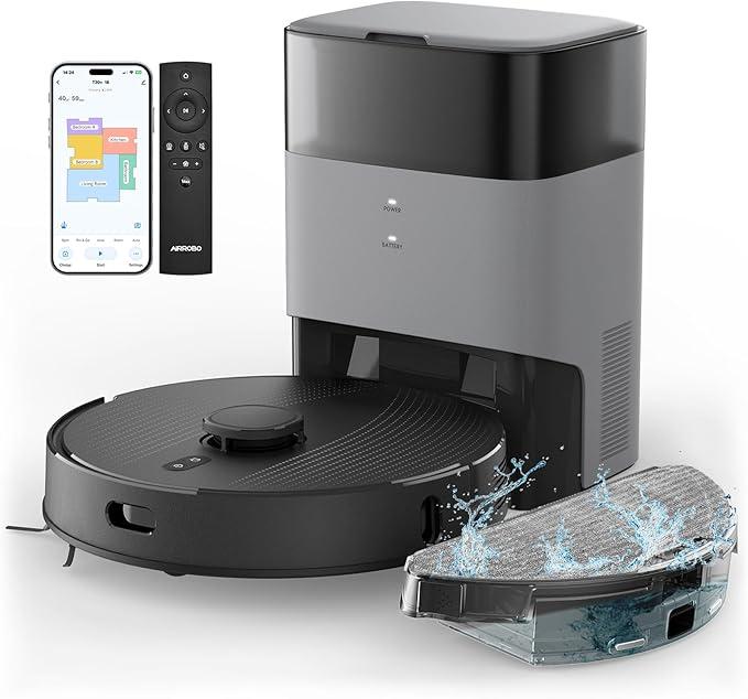 AIRROBO Robot Vacuum and Mop Combo, Self-Emptying, 60-Day Capacity, Home Mapping, Schedule, Wi-Fi/App/Alexa/Remote, 180mins Runtime, T20+ Robotic Vacuum Cleaner for Pet, Hard Floors, Carpet 