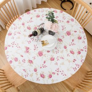 Round Vinyl Fitted Tablecloth with Flannel Backing Elastic Table Cloth Waterproof Oil-Proof Plastic Cover- Fits Tables up to 27" - 31" Diameter (Red Flower)