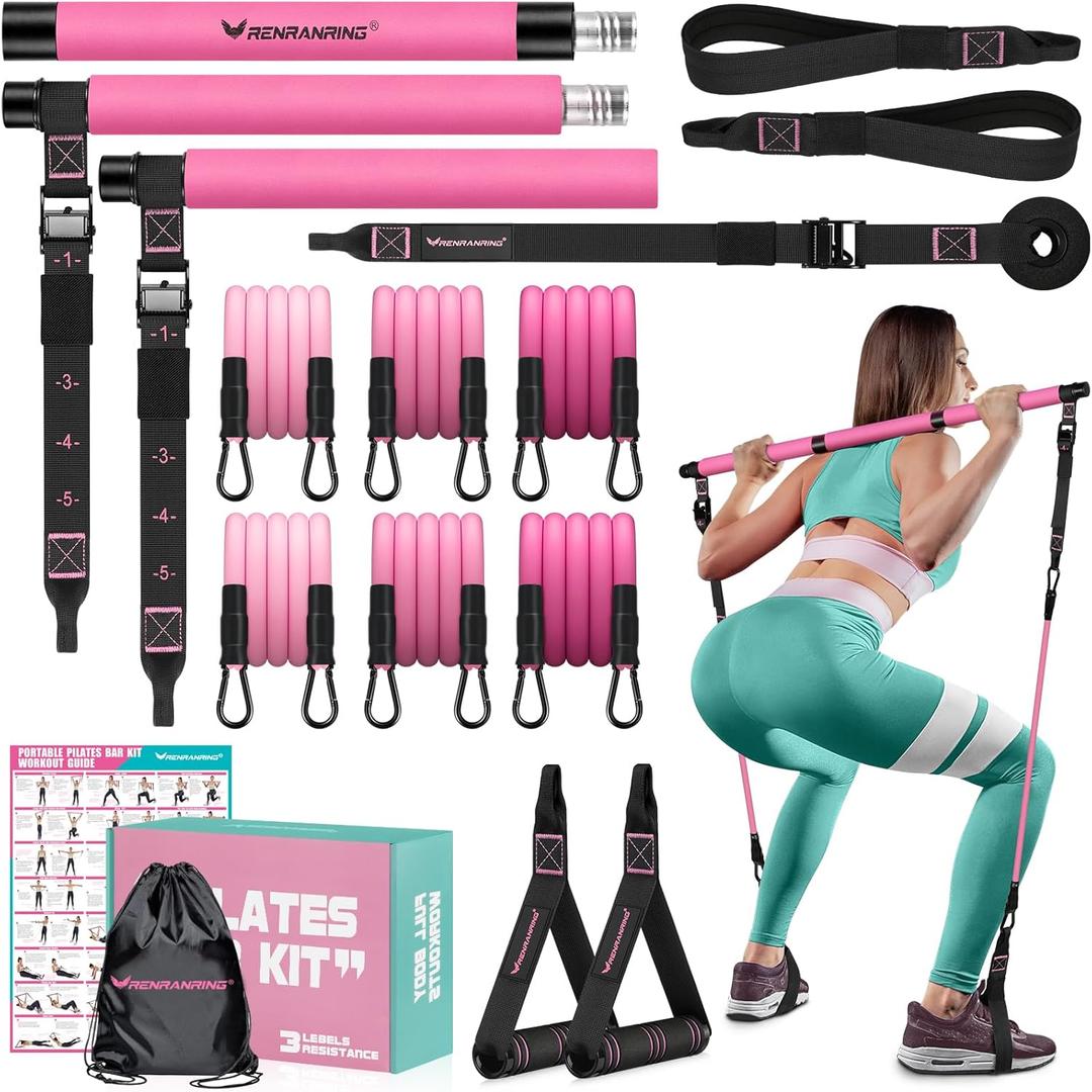 Pilates Bar Kit with Resistance Bands, Multifunctional Pilates Bar for Women & Men with Heavy-Duty Metal Adjustment Buckle, Pilates Home Equipment for Full BodyWorkouts (Pink)