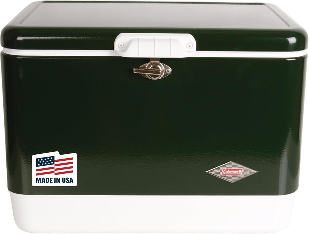 Coleman Vintage 54qt Steel Belted Cooler, Keeps Ice Up to 4 Days, 85-Can Capacity Hard Cooler with Drain & Have-A-Seat Lid (Green)
