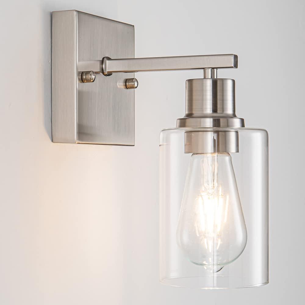 EMONG Brushed Nickel Bathroom Light Fixtures, 1-Light Vanity Lights with Clear Glass Shade, Wall Sconces for Hallway, Farmhouse, Living Room, Kitchen (AM-70050-1-SN)