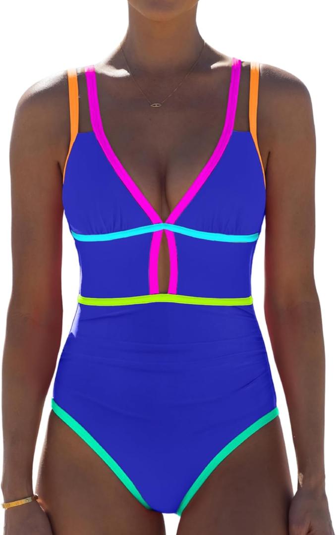 Popvil Women One Piece Swimsuit 2025 Tummy Control Sexy Cutout Neon Color Block Bathing Suit Deep V Neck Adjustable Swimwear (Medium)
