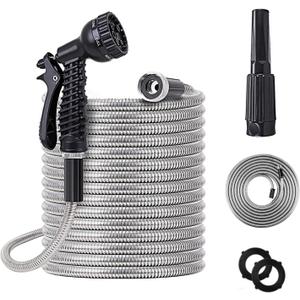 50ft Metal Garden Hose Stainless Steel Heavy Duty Water Hose With 2 Nozzles, No Tangle and Kink, Lightweight & Flexible, Tough and Pet Proof, Metal Garden Hose for Yard, RV, Garden, Outdoor