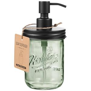 SheeChung 16Oz Mason Jar Green Glass Soap Dispenser, Stainless Steel Pump, Refillable Dish soap Dispenser for Kitchen, Bathroom Hand Soap Dispenser for Lotion, Liquid, Farmhouse Decor (Black, 1 Pack)