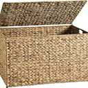 Storage Basket with Lid, Natural Wicker Basket with Lid, Woven Storage Bin with Handles, Foldable, Metal Frame, for Bedroom, Laundry Room, Living Room 16x11ft