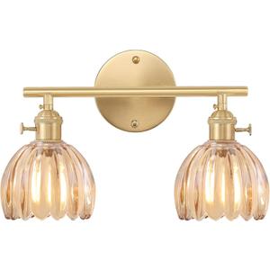 Bathroom Light Fixtures, 2-Light Brass Vanity wall Light Over Mirror with Amber Tulip Glass Shade for Bedroom Living Room (Bulb Not Included)