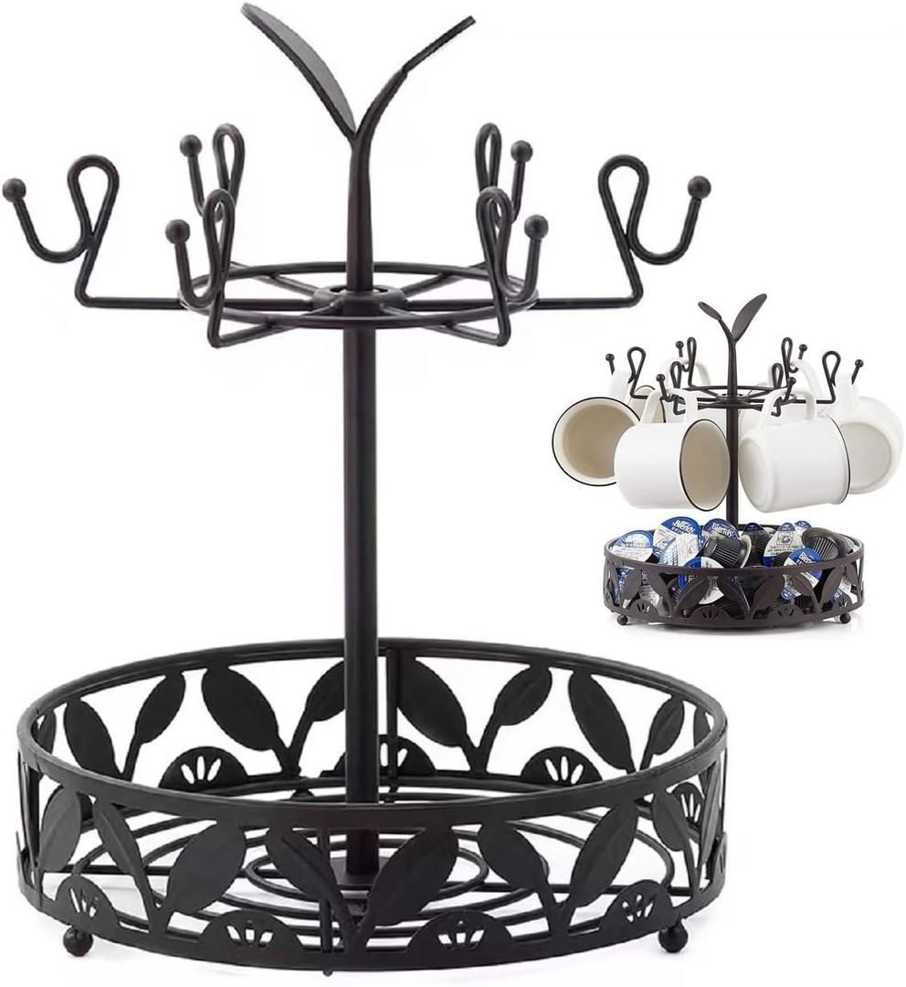 Mug Holder Tree Stand for Bar Kitchen Counter with Storage Basket Multifunctional Cup Holder for Counter with 6 Hooks for Coffee Bar