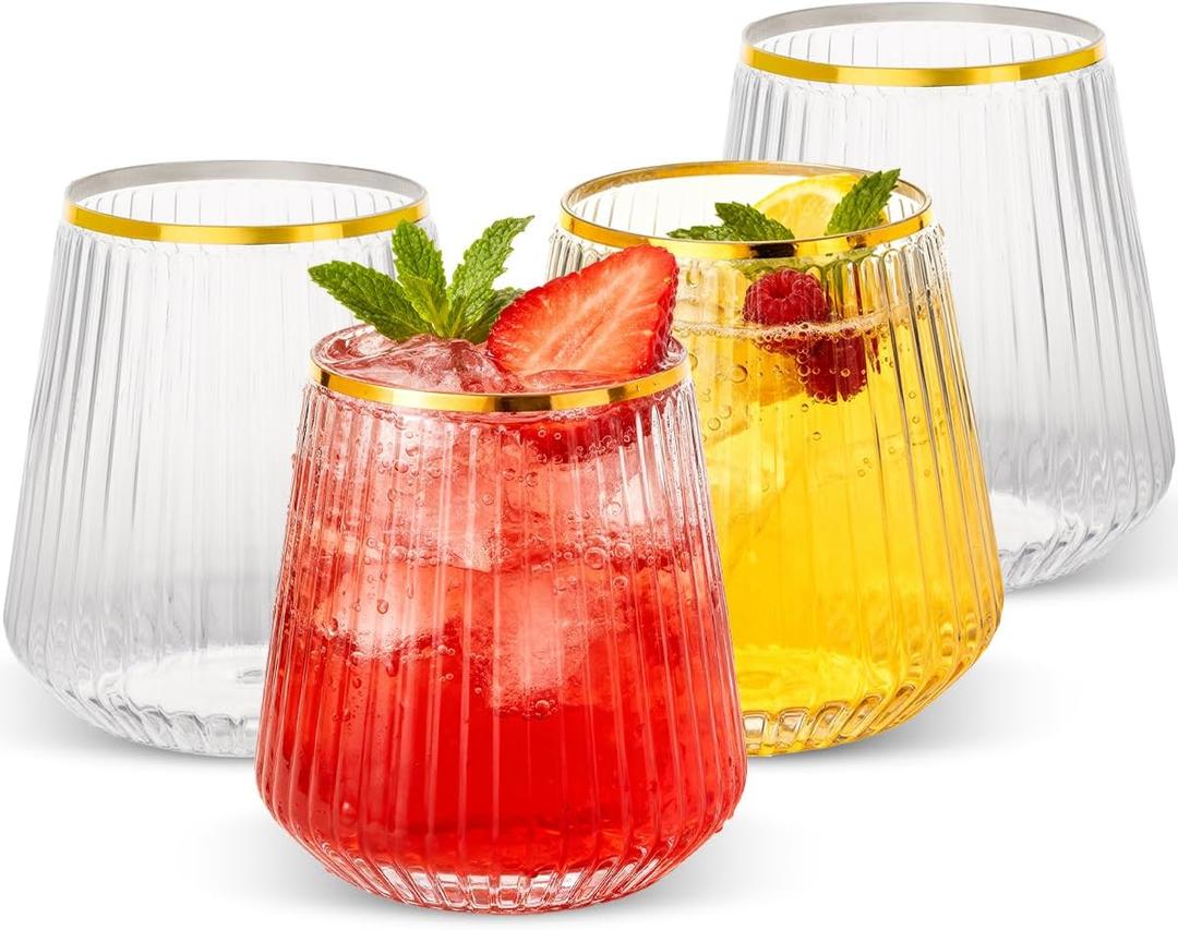 Goodluck 80 Pack 12oz Stemless Plastic Wine Glasses Clear Ribbed Cups with Gold Rim, Fancy Reusable Disposable Drinkware for Weddings, Parties, Bars, Indoor and Outdoor Events (EXP 09/26/54)