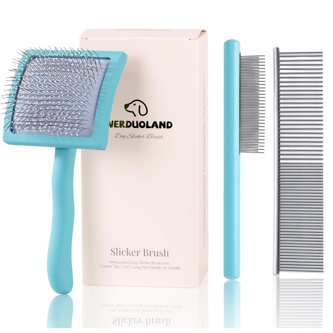 Gently Grooming Slicker Brush with Coated Tips for Long-Haired Dogs-Ergonomic Wooden Handle, Long Pins for Grooming Goldendoodles Poodles Blue