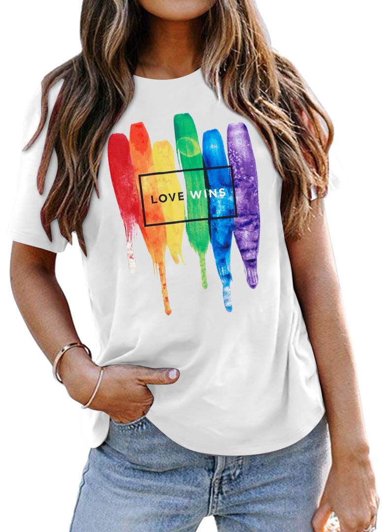 Funny Pride Shirt Women Love Wins LGBT Equality Letter Print Tee White (White, S)