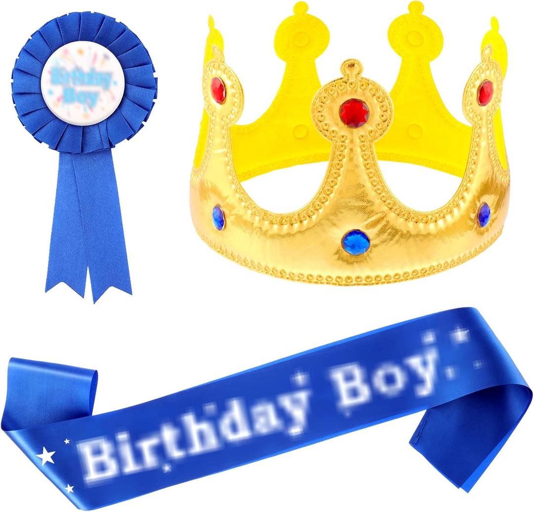WILLBOND Birthday King Crown, Birthday Sash and Button Pins Party Accessory Set for Boys Kids Party Decorations