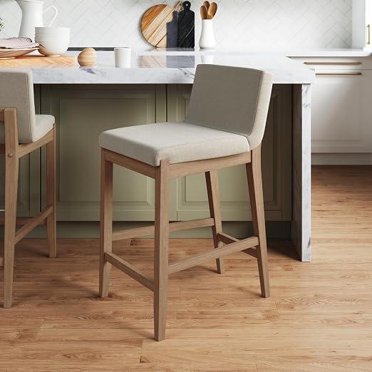 Nathan James Gracie Modern Counter Height Bar Stool with Back, Counter Stool Upholstered Chair with Natural Flax White Fabric and Brushed Wooden Legs, Natural Flax/Brown